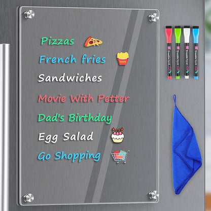 MaxGear Small Magnetic Dry Erase Board for Refrigerator, 12"X 8" Acrylic Magnetic Whiteboard for Fridge Clear White Board Kitchen Menu Board Memo Note Planner, Includes 4 Markers, 1 Cloth