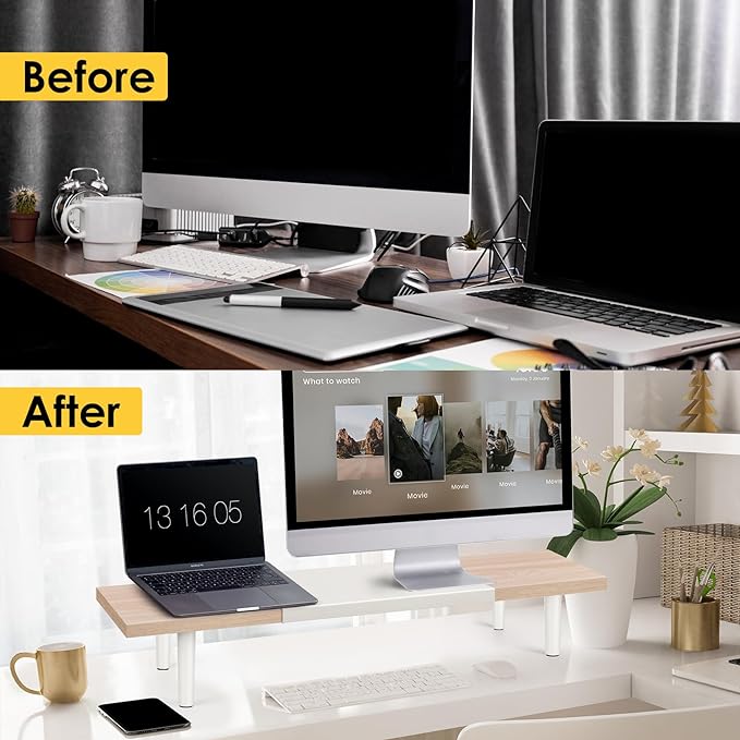 Dual-Monitor-Stand-Riser-For-Desk Adjustable Length 32-40 Inch，Large Desktop Computer Monitor Riser For 2 Screens，Desk Shelf Organizer Riser Stand For Computer/Laptop/PC/Printer/TV Maple