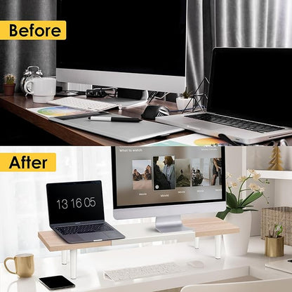 Dual-Monitor-Stand-Riser-For-Desk Adjustable Length 32-40 Inch，Large Desktop Computer Monitor Riser For 2 Screens，Desk Shelf Organizer Riser Stand For Computer/Laptop/PC/Printer/TV Maple
