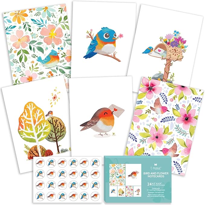 T MARIE 24 Blank Greeting Cards 4.5” x 6.25” with Envelopes and Stickers, Card Assortment Pack for All Occasions - Floral Watercolor Birds Boxed Set