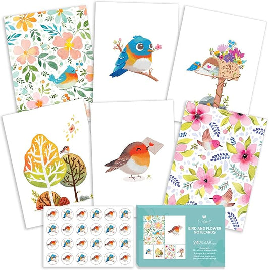 T MARIE 24 Blank Greeting Cards 4.5” x 6.25” with Envelopes and Stickers, Card Assortment Pack for All Occasions - Floral Watercolor Birds Boxed Set