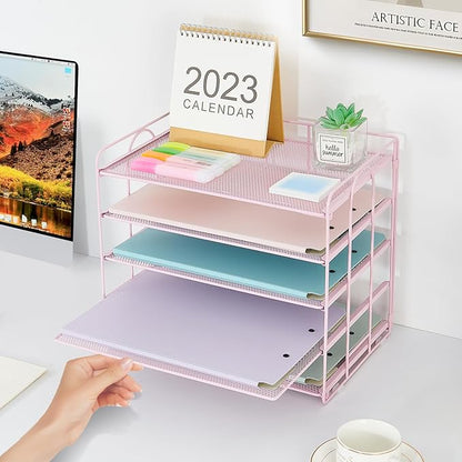5 Tier Mesh Paper Letter Tray Organizer, Desktop Mail Sorter Office Supplies Organizer for Desk, Desk Organizers and Accessories (Pink)