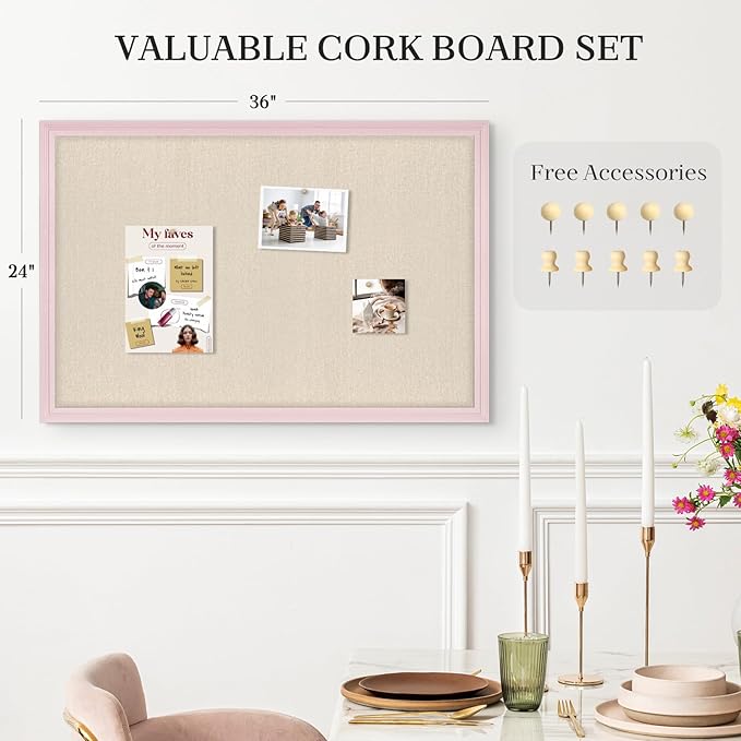 Large Cork Board with Linen, 36" x 24" Hanging Pink Wood Framed Bulletin Board, Picture Display Vision Board Corkboards for Wall Room School Office Decor, 10 Pushpins, 1 Pack