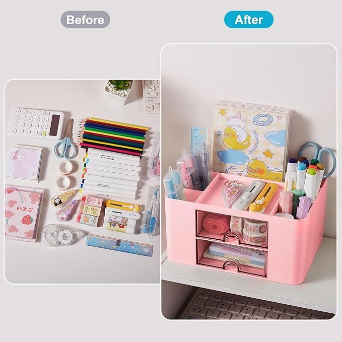 Pen Holder with Drawer, Office Desk Pen Organizer Multi-Functional Pencil Cup Makeup Brush Holder Cup Storage Office Business Card Pen Pencil Mobile Phone Stationery Holder Storage Box Pink