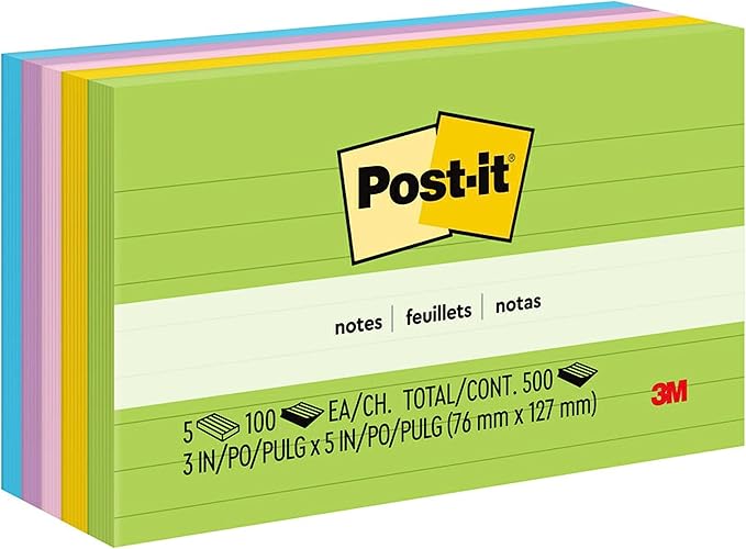 Post-it Notes, 3 in x 5 in, 5 Lined Sticky Notes Pads, 100 Sheets per Pad, Floral Fantasy Collection, School Supplies and Oﬃce Products