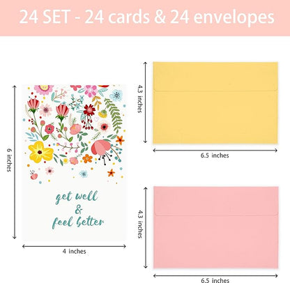 24 Pack Floral Get Well Cards with Self-adhesive Envelopes, 4"x6" Boxed Prefilled Greeting Note Cards to Friends, Relatives or Loved One, 24 Unique Designs