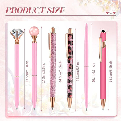 6 Pcs Ballpoint Pens Set Metal Crystal Diamond Pen for Journaling Glitter Pretty Cute Stationery Black Ink Fancy Gifts for Women Girls Teacher Office Wedding School Supplies(Pink Series)