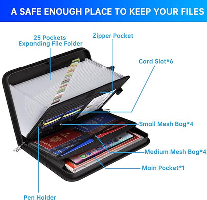 ENGPOW Accordion File Organizer,Fireproof Expanding File Folder with Multi Pockets,25 Pockets Document Organizer with Handle & Labels,Portable Home Travel Safe Storage for Letter A4 Files and More