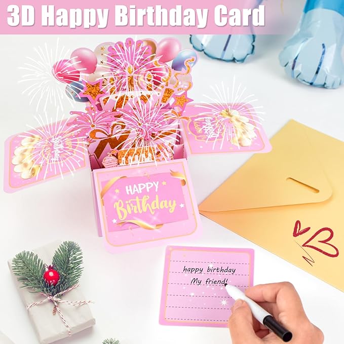 Surprise Pop Up Happy Birthday Cards, Lovely 3D Birthday Card for Adults and Kids with Envelopes, Unique Design Handmade Foldable Greeting Cards for Daughter, Son, Mom, Dad, Friend（Pink）