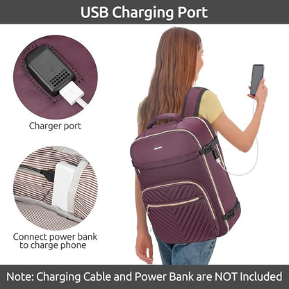 Travel Backpack for Women, Carry On Backpack for Airplanes Flight Approved, Waterproof Large Weekender Overnight Bag Fit 17 Inch Laptop with USB Charging Port, Dark Purple
