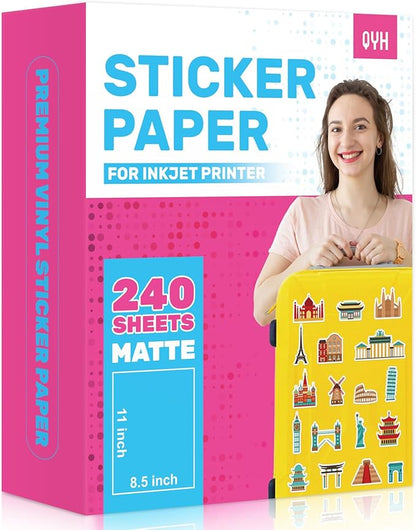 QYH Sticker Paper for Inkjet Printer - 240 Sheets White Matte Printable Vinyl Sticker Papers 8.5x11 In Labels Waterproof Stickers for Cutter, Crafts, Scrapbooking Dries Quickly & Tear Resistant