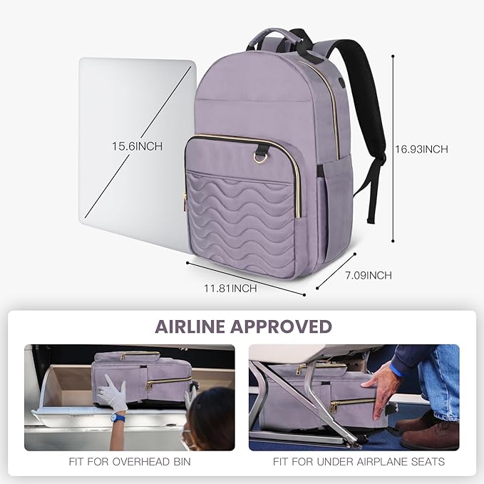 Travel Laptop Backpack for women, Work Backpack Woman with USB Charging Port, Water Resistant College Backpack, Stylish Quilted Girls Backpack Casual Daypack for 15.6 Inch Laptop, Purple