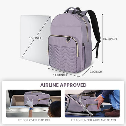 Travel Laptop Backpack for women, Work Backpack Woman with USB Charging Port, Water Resistant College Backpack, Stylish Quilted Girls Backpack Casual Daypack for 15.6 Inch Laptop, Purple