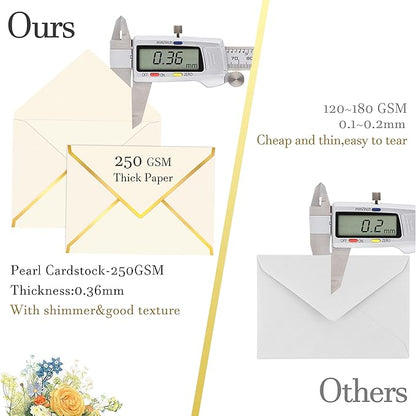 60 Pack Gold Envelopes 5x7 Bulk Beige, 250G Pearled Cardstock A7 Envelopes for Invitations Business Mailing Envelope with Gold Foil Border, A6 4x6 Envelopes for Wedding Baby Shower Cards