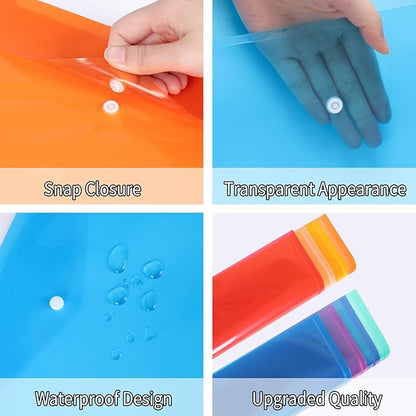 EOOUT 48 Pack Plastic Envelopes Poly Envelopes with Snap Closure, Clear Document File Folders, A4 Letter Size for School Home Work Office Organization, 8 Colors