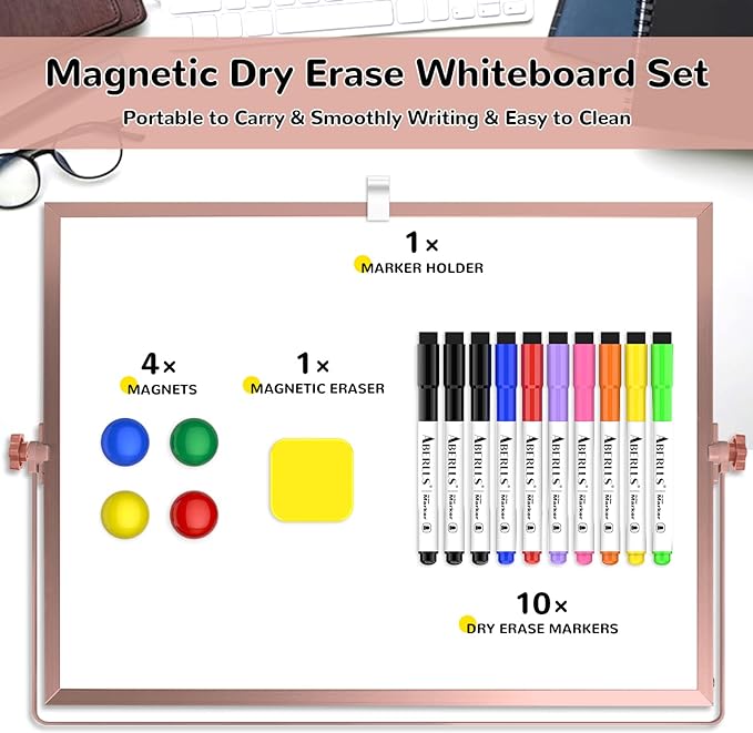 16 x 12 inches Dry Erase Whiteboard, Rose Gold Magnetic Desktop Double-Sided White Board with Stand, 10 Markers, 1 Eraser, 4 Magnets, Portable Whiteboard Easel for School Office Home