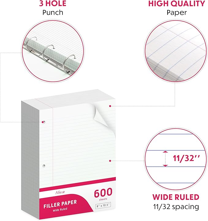 Loose Leaf Paper, Wide Ruled, 600 Sheets (150/Pack) Filler Paper for Writing Notes - School, College, Office - 3 Hole-Punch Lined Sheets for Ring Binders, Pocket Folders - White, 8 x 10.5