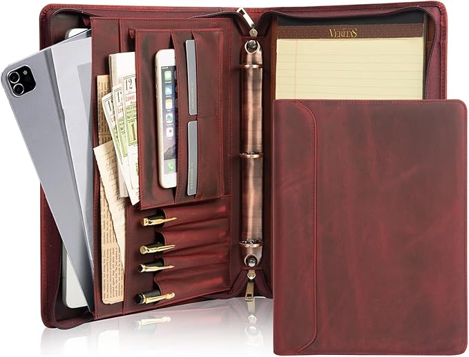 AZXCG Leather Portfolio Organizer, 3 Ring Binder Padfolio Folder, Resume Zippered Folio for A4/Letter Size Notepad, Business Binder Portfolio with Zipper for 13" Laptop, Gift for Women, Red