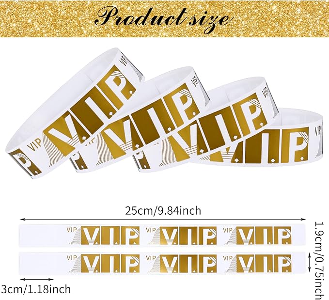 100 Pcs VIP Wristbands for Events Waterproof Paper Bracelets Lightweight Event Wristbands for Party Concert Club Amusement Park Festivals (Gold)