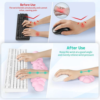 Cloud Wrist Rest Keyboard, Cloud Palm Rest Set with PU Leather Memory Foam, Cute Keyboard Rest for Wrist Support and Arm Rest, Desk Cloud Wrist Pad for PC/Gaming/Hand Cushion/Computer-Pink