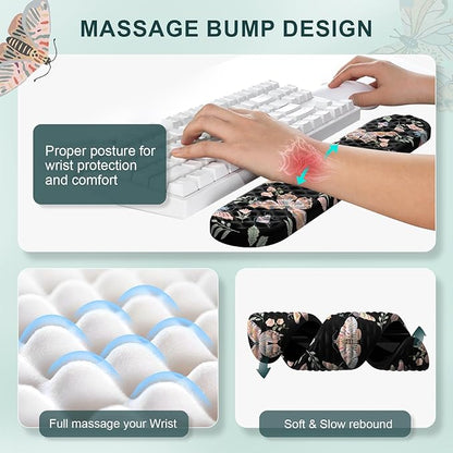 iLeadon Large Mouse Pad and Keyboard Wrist Rest,4in1 Desk Pad Set for Computer Keyboard,Long Floral Mouse Pad XXL+Cup Coaster with Non-Slip Base for Home Office,Black Insect