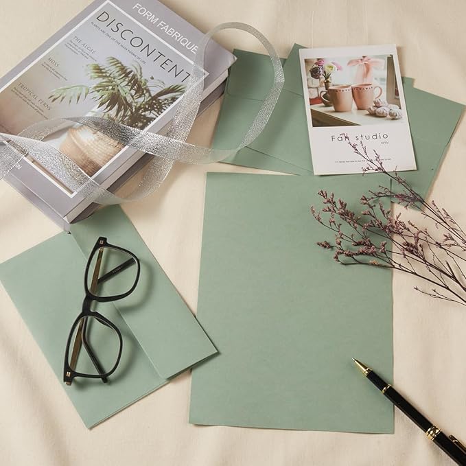 Wishop 50 Pack Self-Adhesive Envelopes with Fold Cards for Wedding Invitations, Greeting Cards, Baby Shower, Letter Mailing (Sage-Green, 5x7)