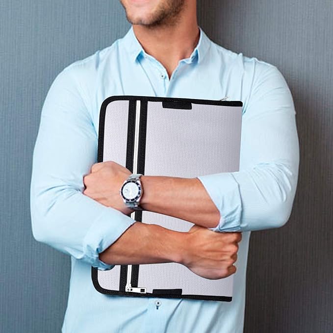 Fireproof Safe Waterproof Accordion File Bag Folder Expanding Filing Folder with 14 Multicolored Pockets, A4 Letter Size, Document Organizer Holder and Color Labels /2 Zipper (Silver 14.3" x 9.8")