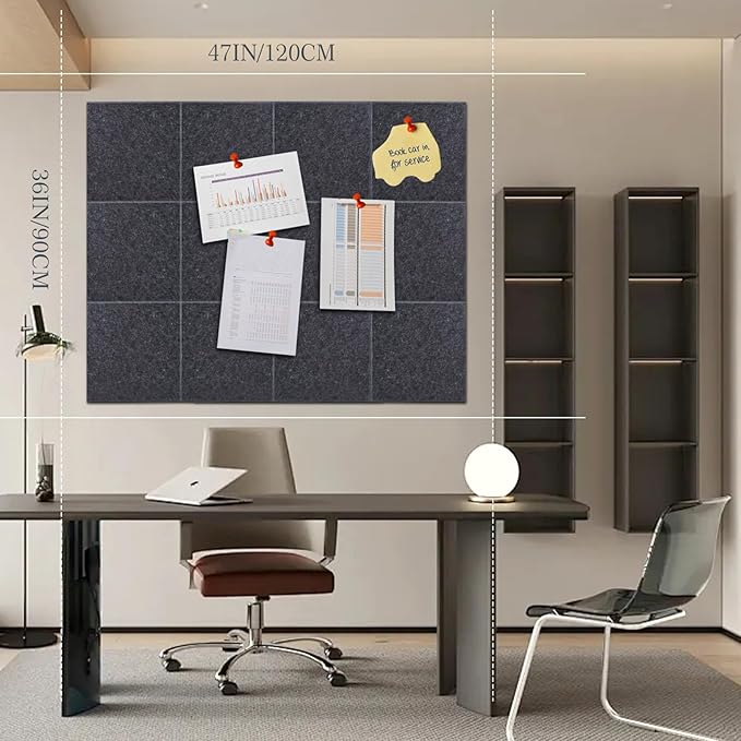Cork Board 48 x 36, 12 Pack Bulletin Boards for Walls, Large Felt Wall Tiles with Pushpin, Noise Reduction Alternative Cork Board for Office Wall(Gray Black)