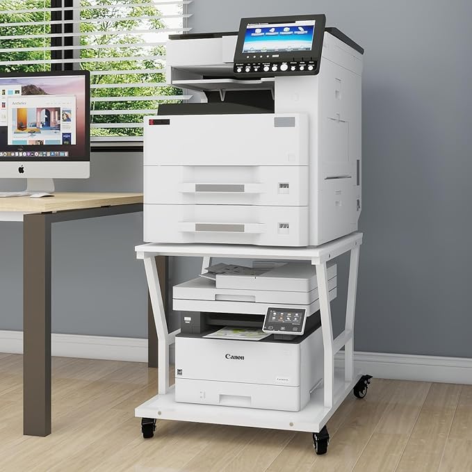Natwind 2 Tier Large Printer Stand,23.6''x23.6''x23.6'' Heavy Duty Printer Table, Copier Stand, Laser Printer Cart with Paper Storage Shelf,Printer Holder with Wheels for Home Office (White)