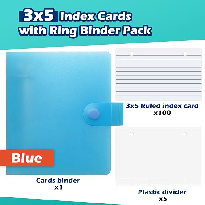 3x5 Lined Index Cards with Ring Binder Holder and Dividers, 100 Ruled Cards, Blue