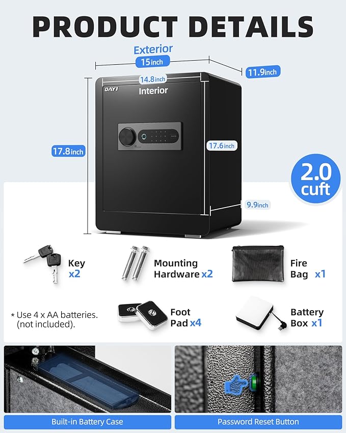 DAYI Biometric Fingerprint Safe Box, 2.0 Cubic Feet Home Safes with Fireproof Bag, Digital Touchpad Security Safe for Money Cash Documents, Dual Alarm System - DF-45 Plus