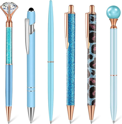 6 Pcs Ballpoint Pens Set Metal Crystal Diamond Pen for Journaling Glitter Pretty Cute Stationery Black Ink Fancy Gifts for Women Girls Teacher Office Wedding School Supplies(Blue Series)