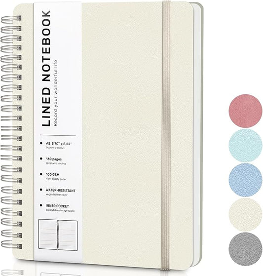 ABERLLS Beige Lined Spiral Journal Notebook with 160 Pages, 8×5.7in, A5 Spiral Notebook, Journaling Notebooks for Work, School, Women, Men, College Ruled Spiral Notebook, Hardcover Leather Journals