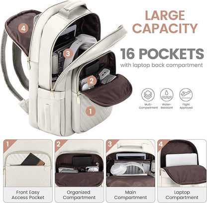 LOVEVOOK Leather Backpack for Women,17.3 inch Leather Laptop Backpack Women Computer Backpack Laptop Bag,Stylish Quilted Travel Backpack Purse Work Bag College Teacher Backpack with USB Port,Off-white