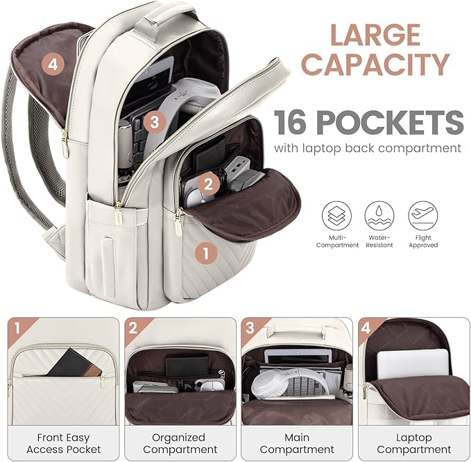 LOVEVOOK Leather Backpack for Women,15.6 inch Leather Laptop Backpack Women Computer Backpack Laptop Bag,Stylish Quilted Travel Backpack Purse Work Bag College Teacher Backpack with USB Port,Off-white