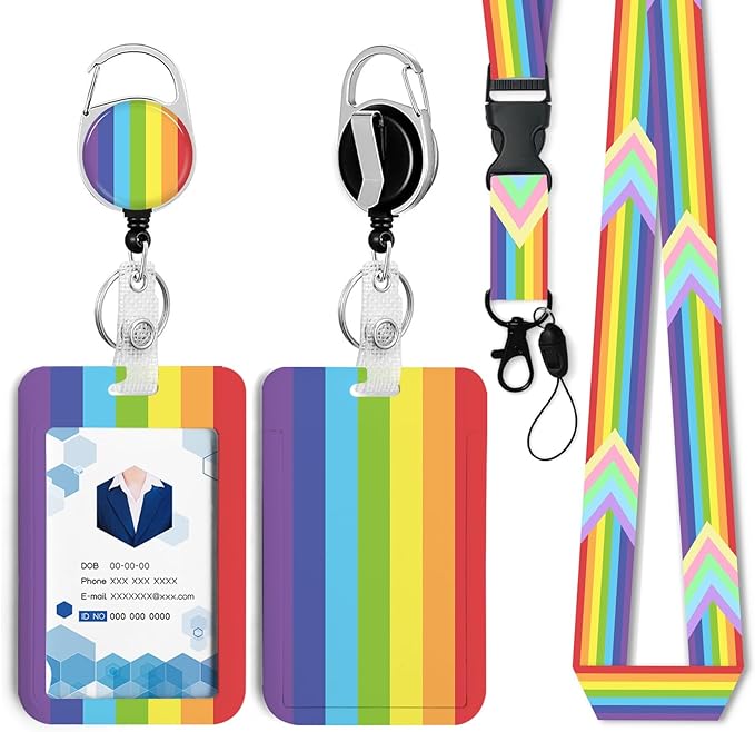 Rainbow Vertical Stripes Badge Holder with Retractable Reel and Breakaway Lanyard，Badge Clips Retractable Heavy Duty Badge Reel，Keychain，ID Holder with Breakaway Lanyard for School Nurse Office