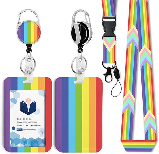 Rainbow Vertical Stripes Badge Holder with Retractable Reel and Breakaway Lanyard，Badge Clips Retractable Heavy Duty Badge Reel，Keychain，ID Holder with Breakaway Lanyard for School Nurse Office