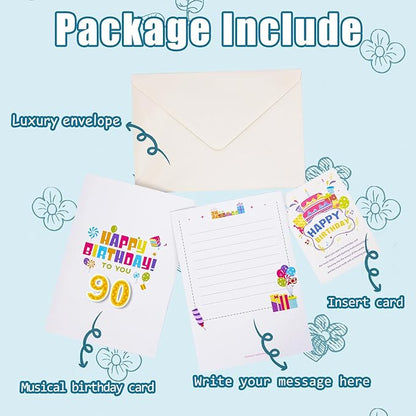 Gumry 90TH Musical Birthday PopUp Card, Blowable Colorful Light Candle 3D Cards with Song, Applause Cheers Sound, Greeting Cards Birthday Gifts Decorations for Women Men Turning 90 Years Old