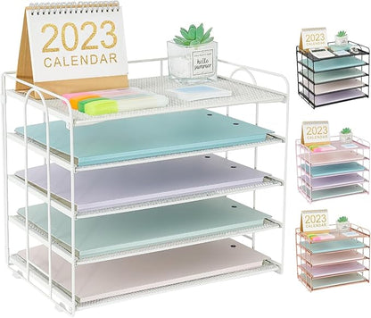 5 Tier Mesh Paper Letter Tray Organizer, Desktop Mail Sorter Office Supplies Organizer for Desk, Desk Organizers and Accessories (White)