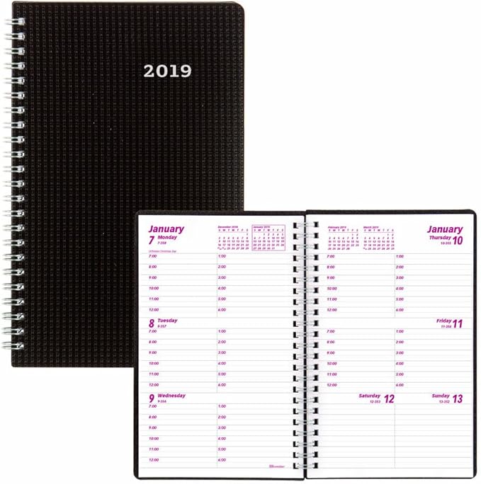 Brownline DuraFlex 2019 Weekly Appointment Book, Poly Cover, Twin-Wire, Black, 8 x 5 inches (CB75V.BLK-19)