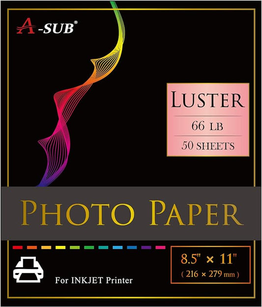 A-SUB Premium Photo Paper Luster 8.5x11 Inch 66lb for Inkjet Printers 50 Sheets, Single Sided