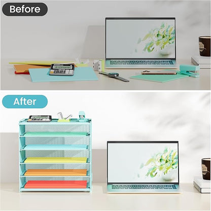 6 Tier Paper Organizer, Metal Mesh Desk File Organizer, Letter Tray Organizer, Paper Sorter Desk Organizer for Office, Home or School File Folder Holder - Blue