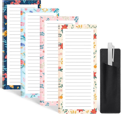 4 Pack Magnetic Note Pad for Fridge with Pen Holder, Totally 200 Sheets Magnetic To Do List, Shopping List, Grocery List, Memo Pads for Refrigerator（Flower Design）