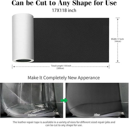 CHEIGHY Leather Repair Patch for Couches 17X118 inch Self-Adhesive Leather Repair Tape kit for Furniture Sofa Vinyl Car Seats Couch Chairs Shoes Down Jackets (Black)