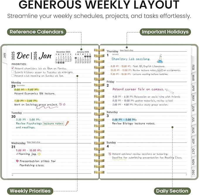 2026 Planner, Weekly and Monthly Calender Planner, Jan 2026 to Dec 2026, Hardcover 2026 Calendar Planner Book with Tabs & Inner Pocket, Office Home School Supplies for Women & Men - A5 (6.3" x 8.5"), Green