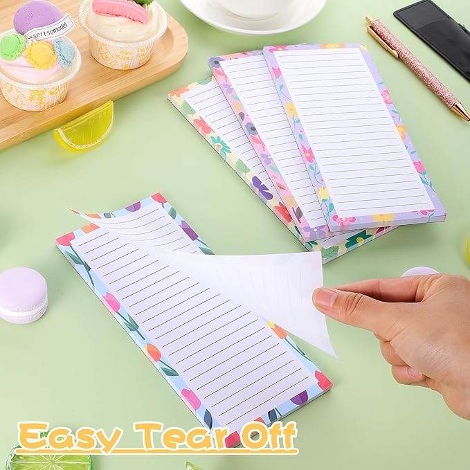 4 Pack Magnetic Note Pad for Fridge with Pen Holder, Totally 200 Sheets Grocery List Magnet Pad for Refrigerator Magnetic Shopping List Pad（Floral Design）