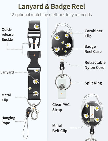 Uniclife Floral Sliding Badge Holder White Flower Plastic Case with Retractable Badge Reel Carabiner Clip & Detachable Lanyard Strap Fashionable Vertical Card Protector for Women Nurse Teacher Student