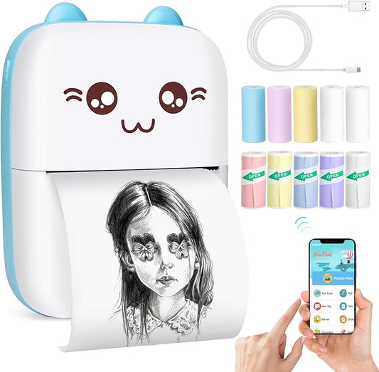 Mini Sticker Printer, Inkless Thermal Printer with 10 Rolls Paper, Portable Bluetooth Pocket Printers for Photo Journal Notes Memo, Compatible with Phone Android or iOS