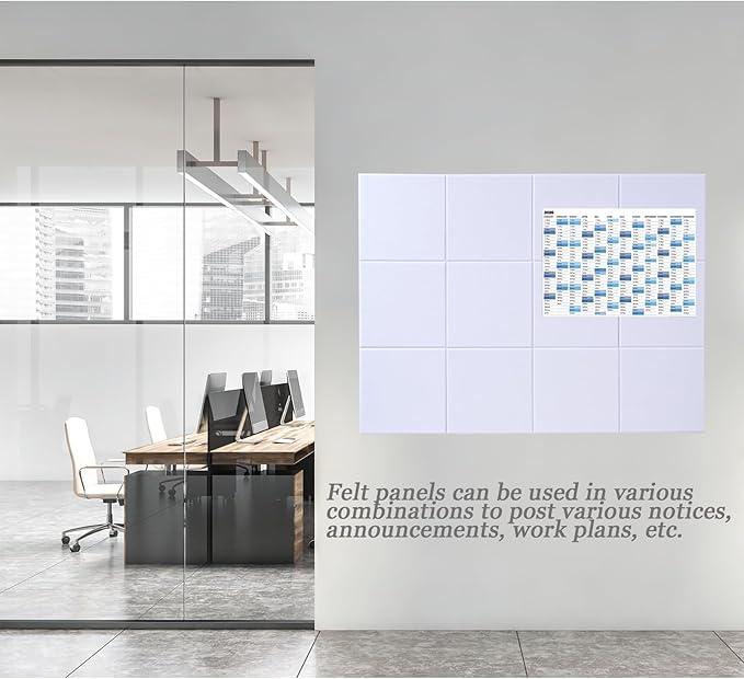 LAJAR Large Felt Wall Tiles, 12 Pack Cork Board Alternative with Removable Adhesive Tabs, Bulletin Pin Boards for Office, School and Home (White)