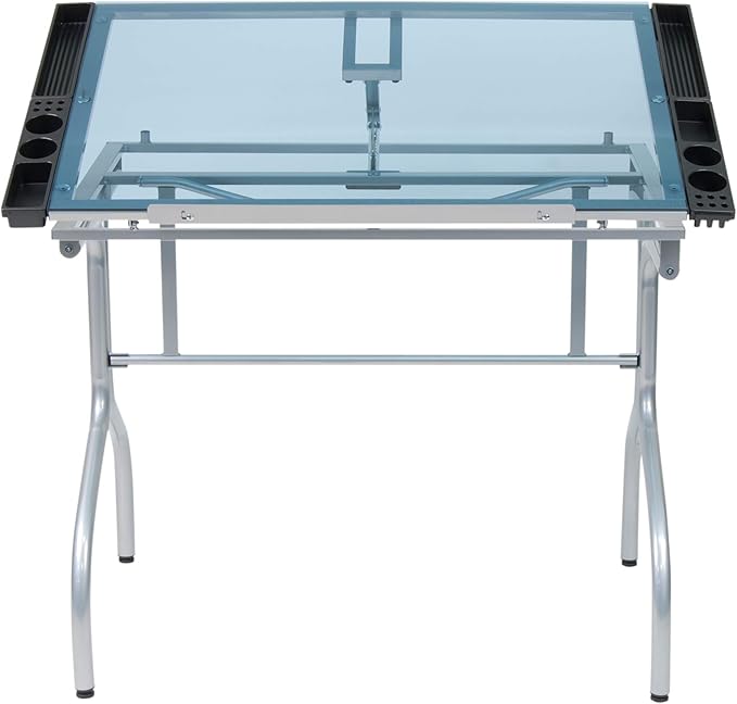 Studio Designs Folding Modern Glass Top Adjustable Drafting Table Craft Table Drawing Desk Hobby Table Writing Desk Studio Desk, 35.25" W x 23.75" D, Silver / Blue Glass
